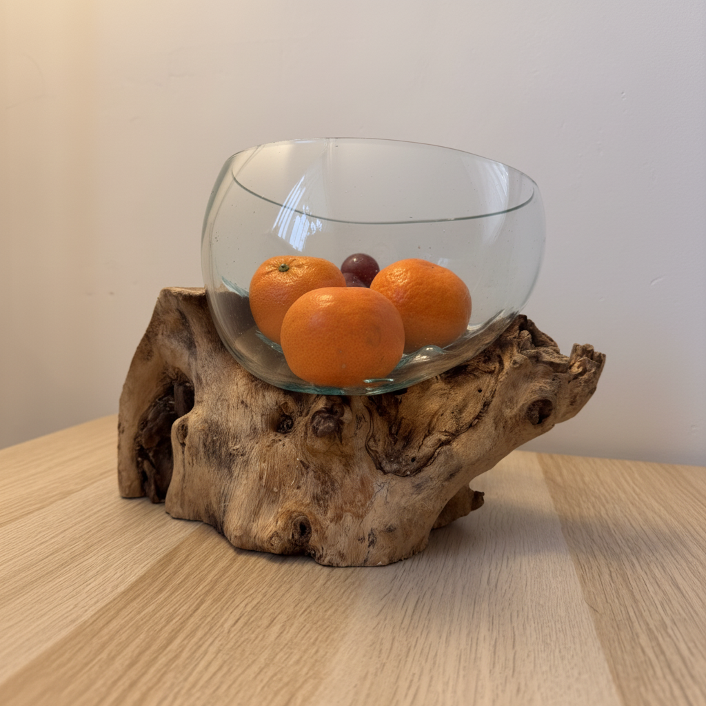Unique driftwood fruit bowl with glass insert