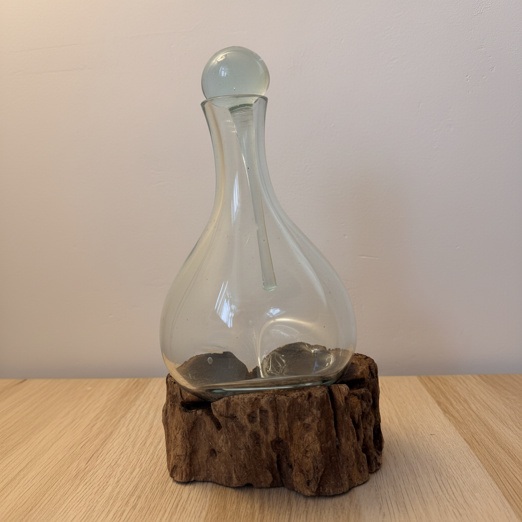 Root wood glass decanter side view