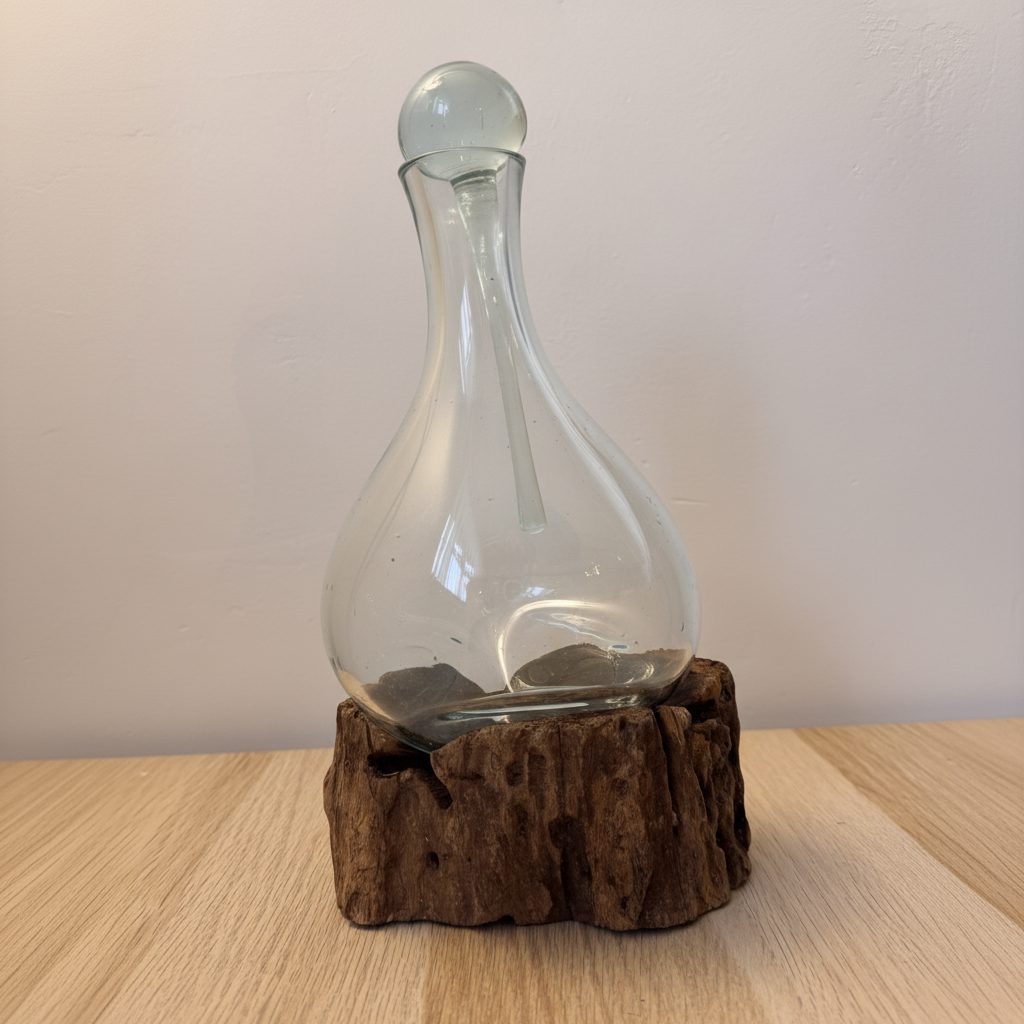 Handcrafted root molten glass decanter 30cm with stopper