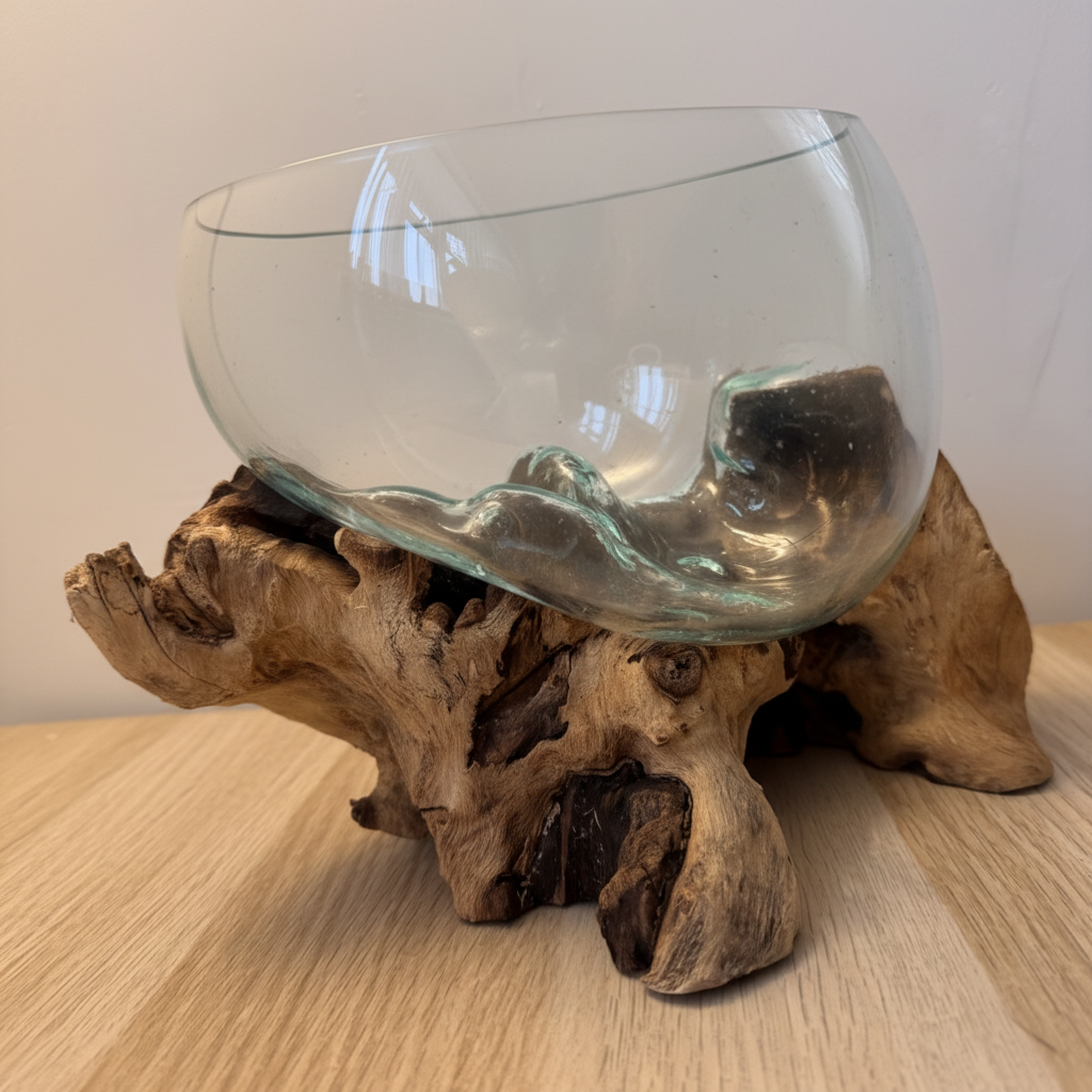 Handcrafted driftwood glass bowl side view