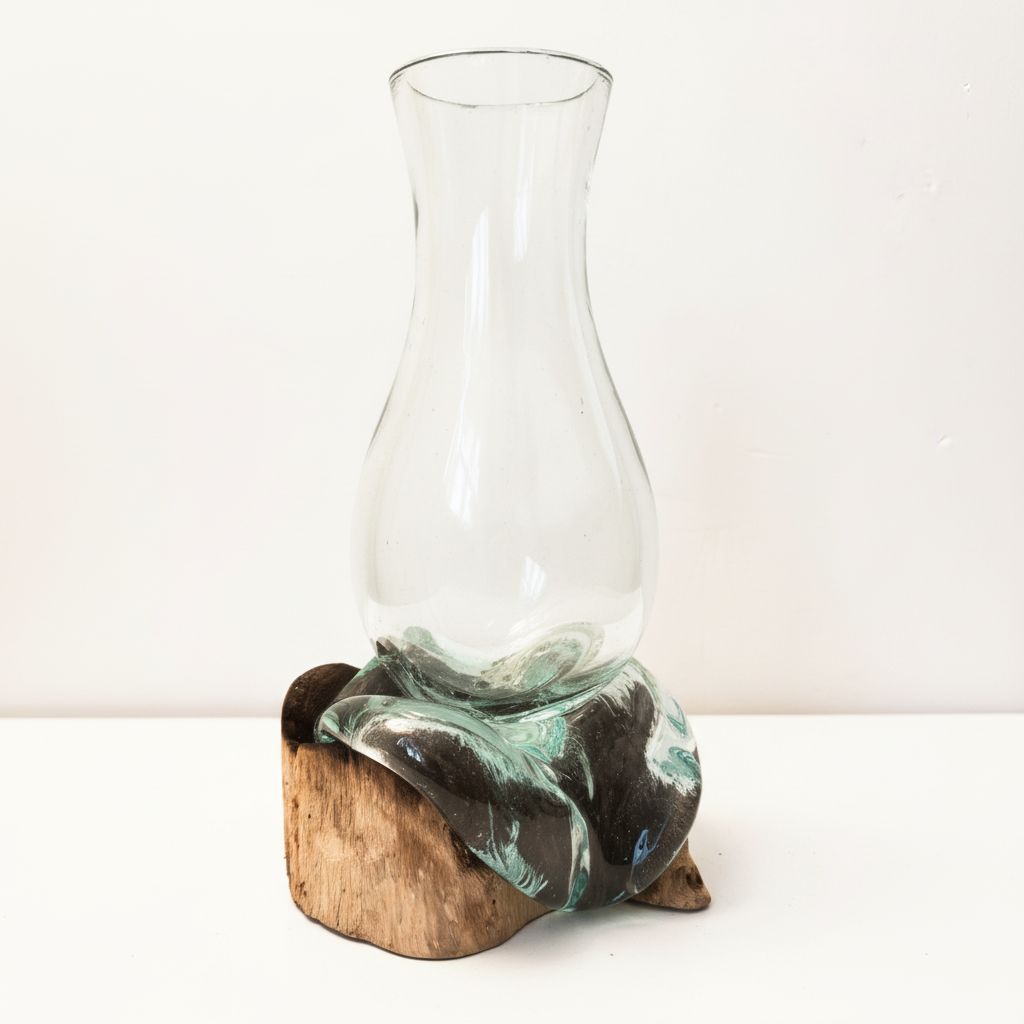 Handcrafted driftwood molten glass vase 25cm