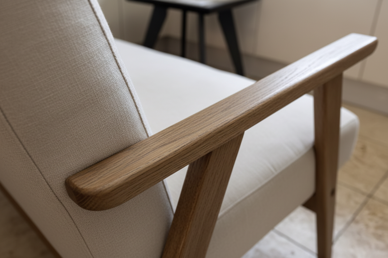 Close-up of natural linen fabric and ash wood frame detail