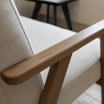 Close-up of natural linen fabric and ash wood frame detail