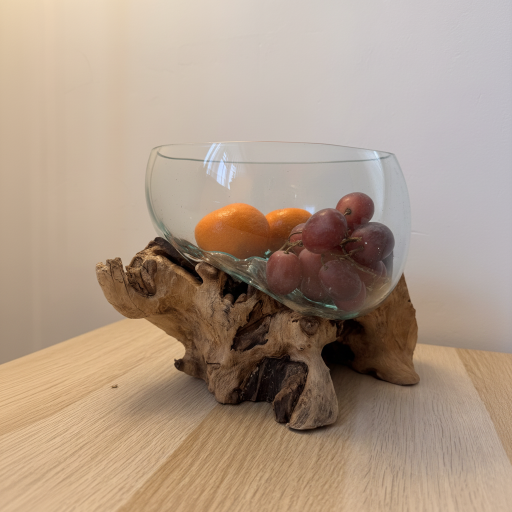Driftwood glass fruit bowl with fresh fruit