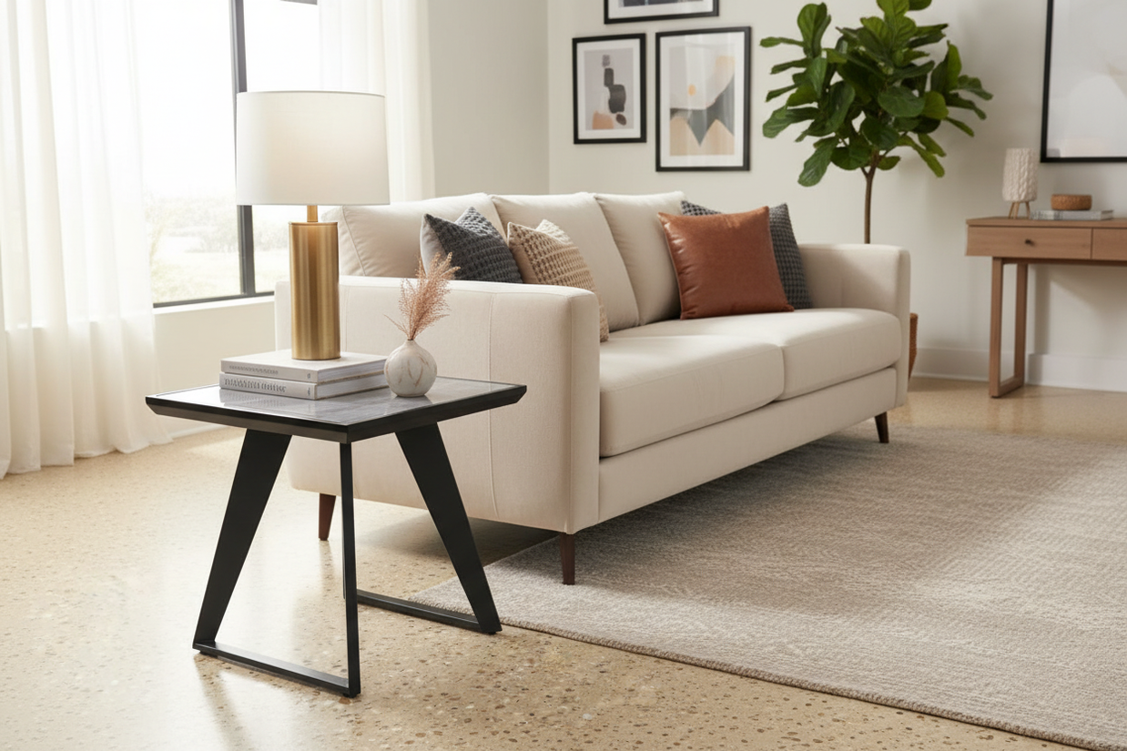 Grey gloss side lamp table styled next to sofa in contemporary living room