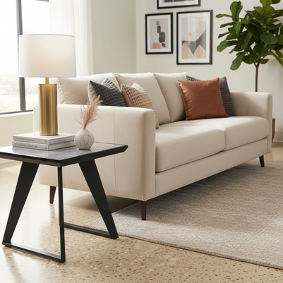 Grey gloss side lamp table styled next to sofa in contemporary living room