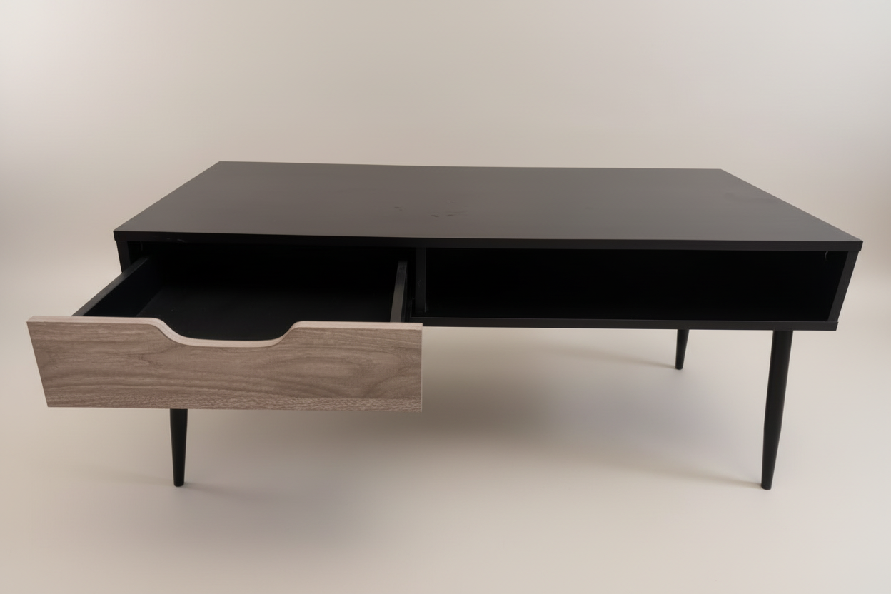 Black coffee table with open drawer showing storage space