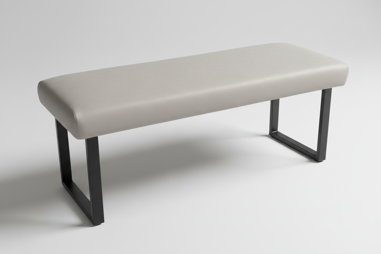 Grey faux leather padded bench with black legs