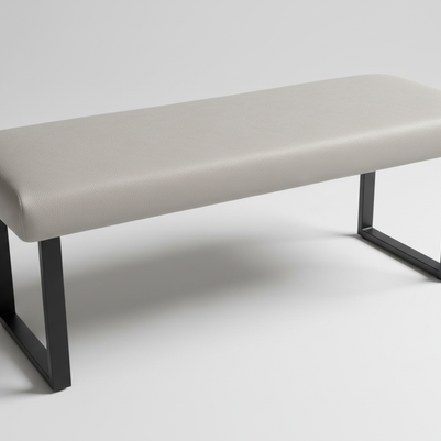 Grey faux leather padded bench with black legs