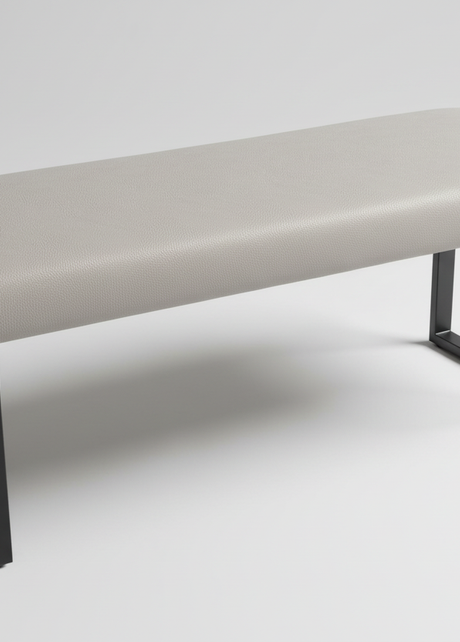 Grey faux leather padded bench with black legs