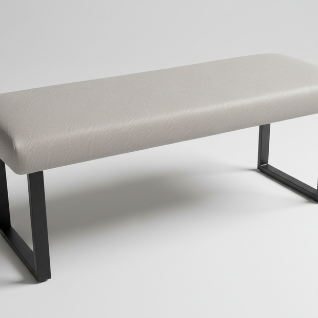Grey faux leather padded bench with black legs