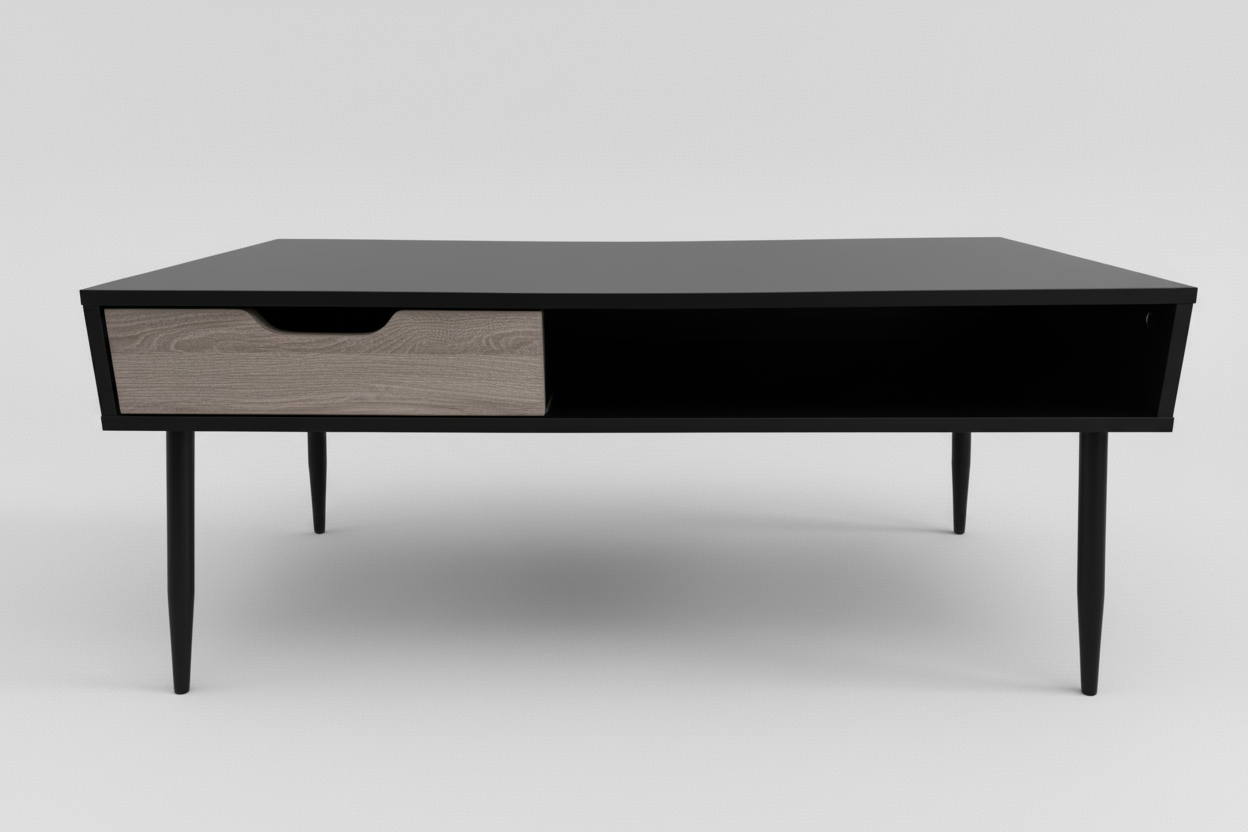 Black coffee table with grey wood-effect drawer closed
