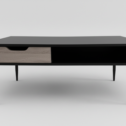 Black coffee table with grey wood-effect drawer closed