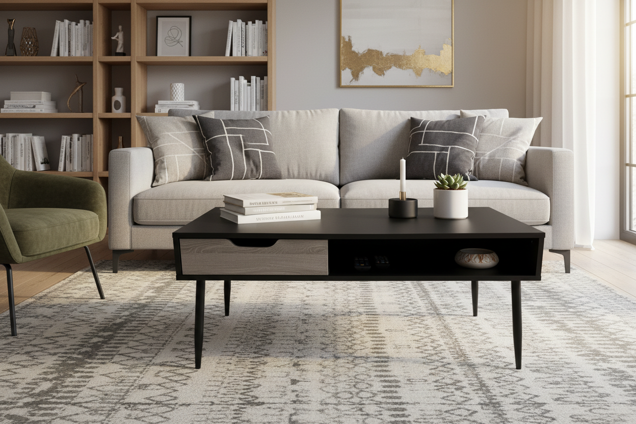 Black coffee table styled in contemporary living room with sofa and decor