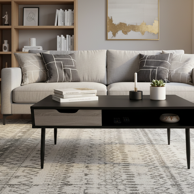 Black coffee table styled in contemporary living room with sofa and decor