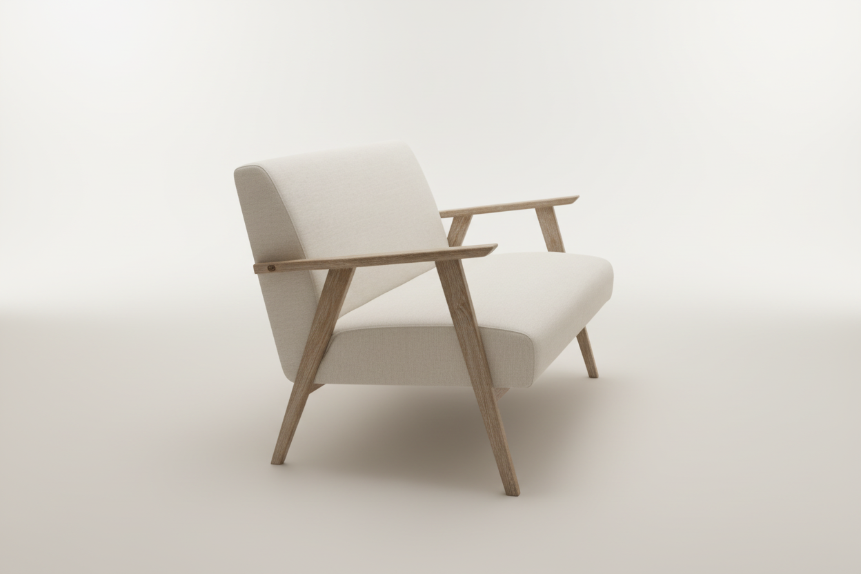 Natural linen sofa side profile showing wooden armrest