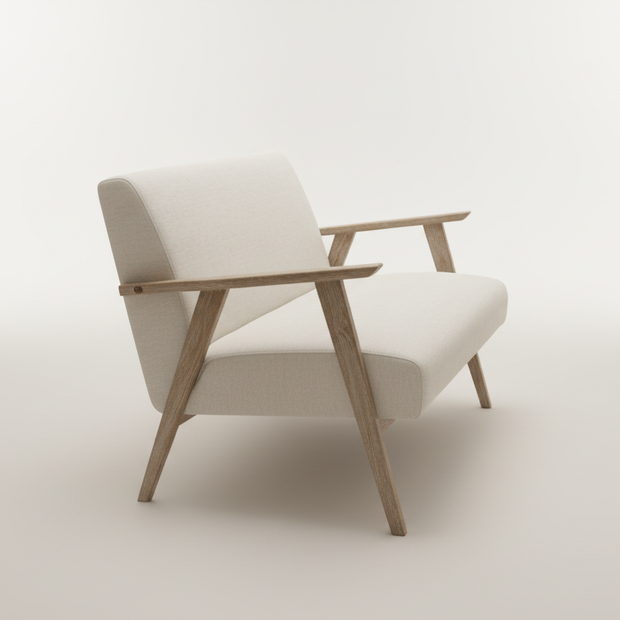 Natural linen sofa side profile showing wooden armrest