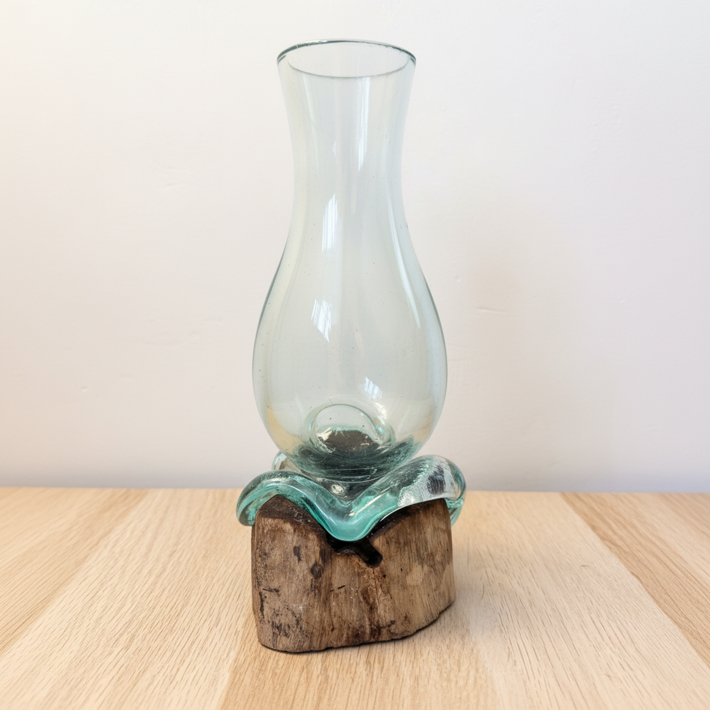 Driftwood vase with turquoise molten glass detail