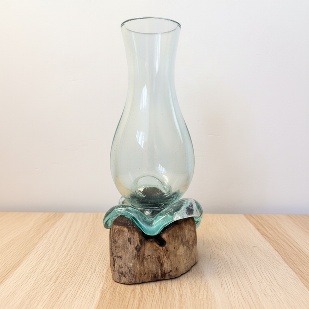 Driftwood vase with turquoise molten glass detail